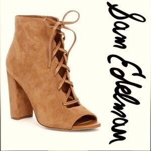 NEW, Sam Edelman Tan Suede Lace-Up Peep Toe Booties, with a chunky heel